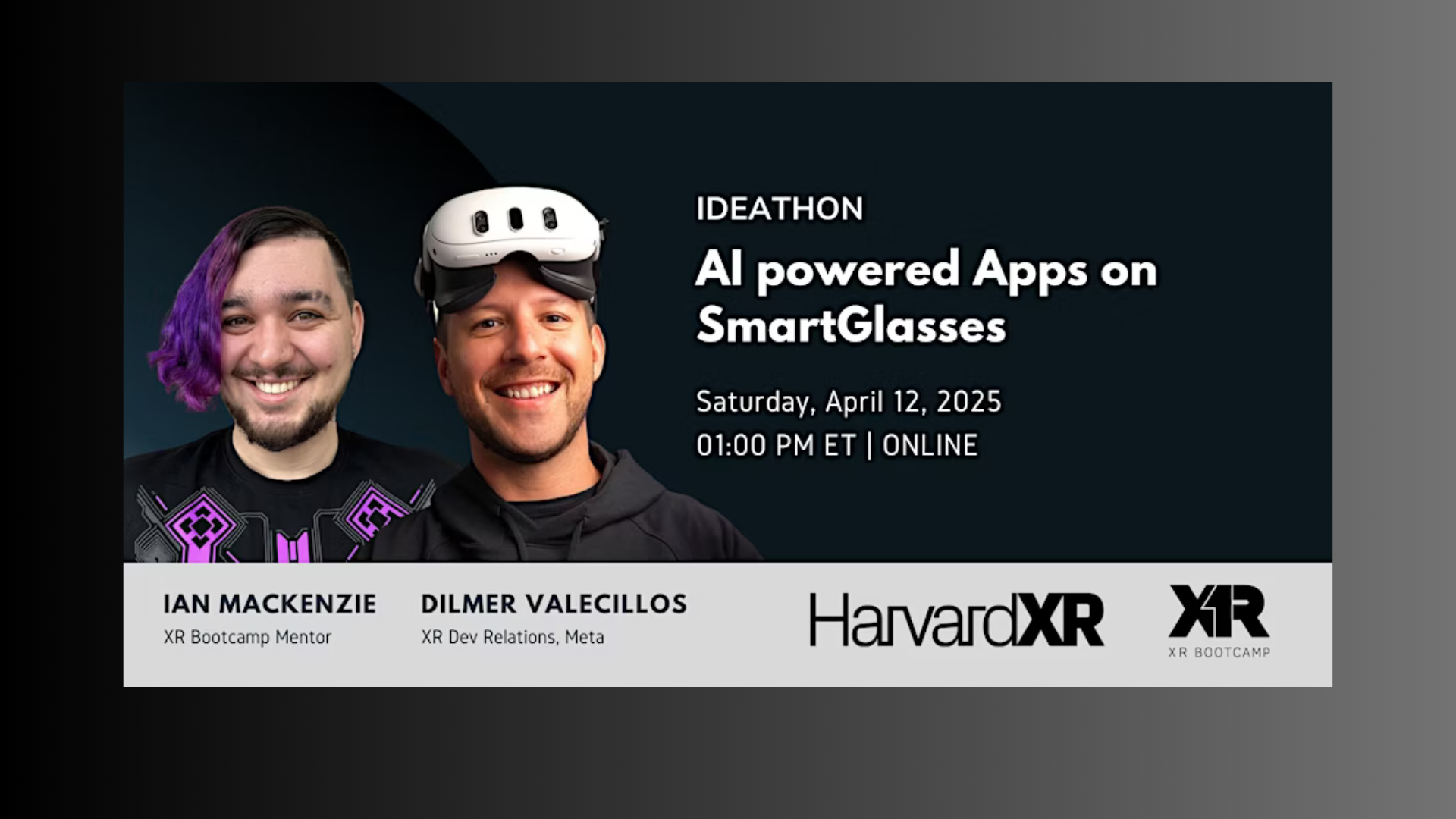 Promotional image for an ideathon titled “AI powered Apps on SmartGlasses” featuring two smiling individuals, scheduled for April 12, 2025.