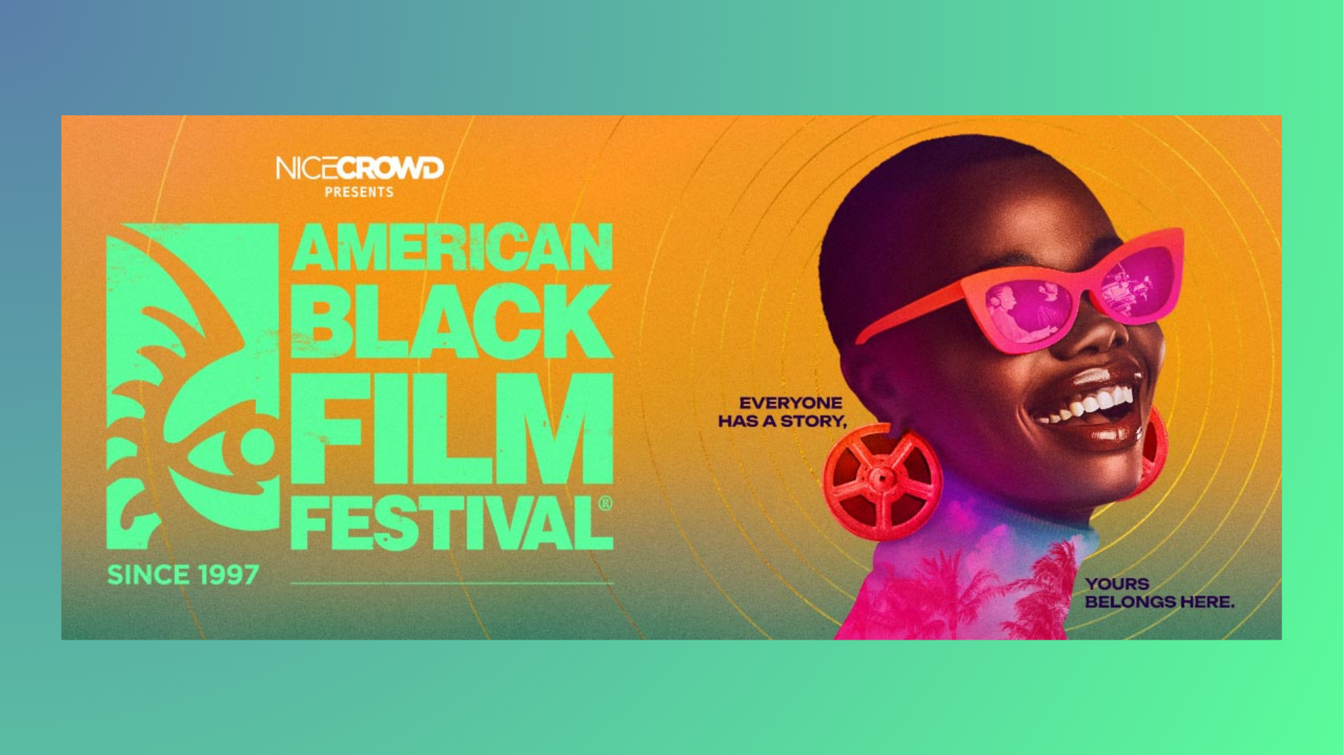 Promotional poster for the American Black Film Festival with a colorful background, geometric tribal design, and a smiling person wearing pink sunglasses and red earrings.