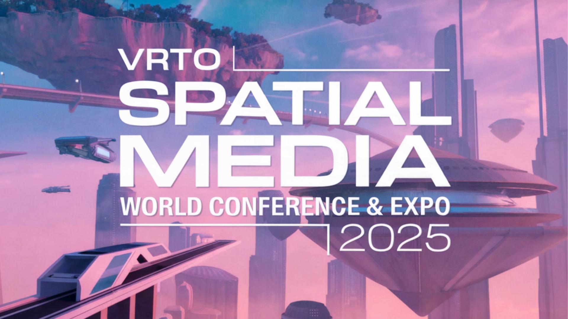 Futuristic cityscape with flying vehicles, floating platforms, and a modern train under a pink sky.