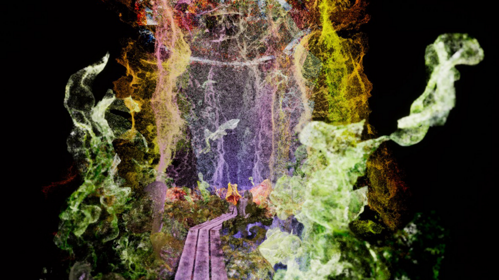 A path leads into psychedelic forest.