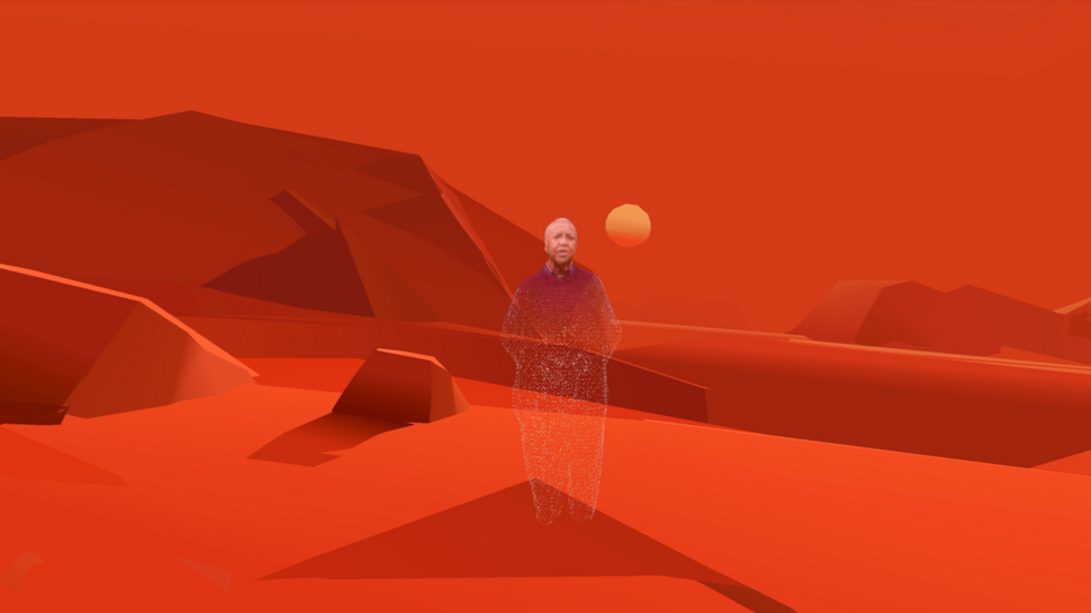 Spectral figure stands amid red desert landscape.