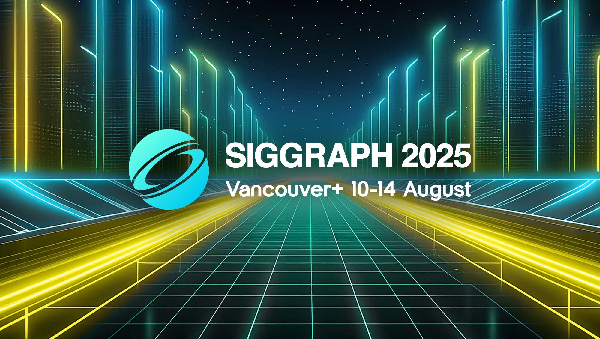 Futuristic digital landscape with SIGGRAPH 2025 logo and event details.