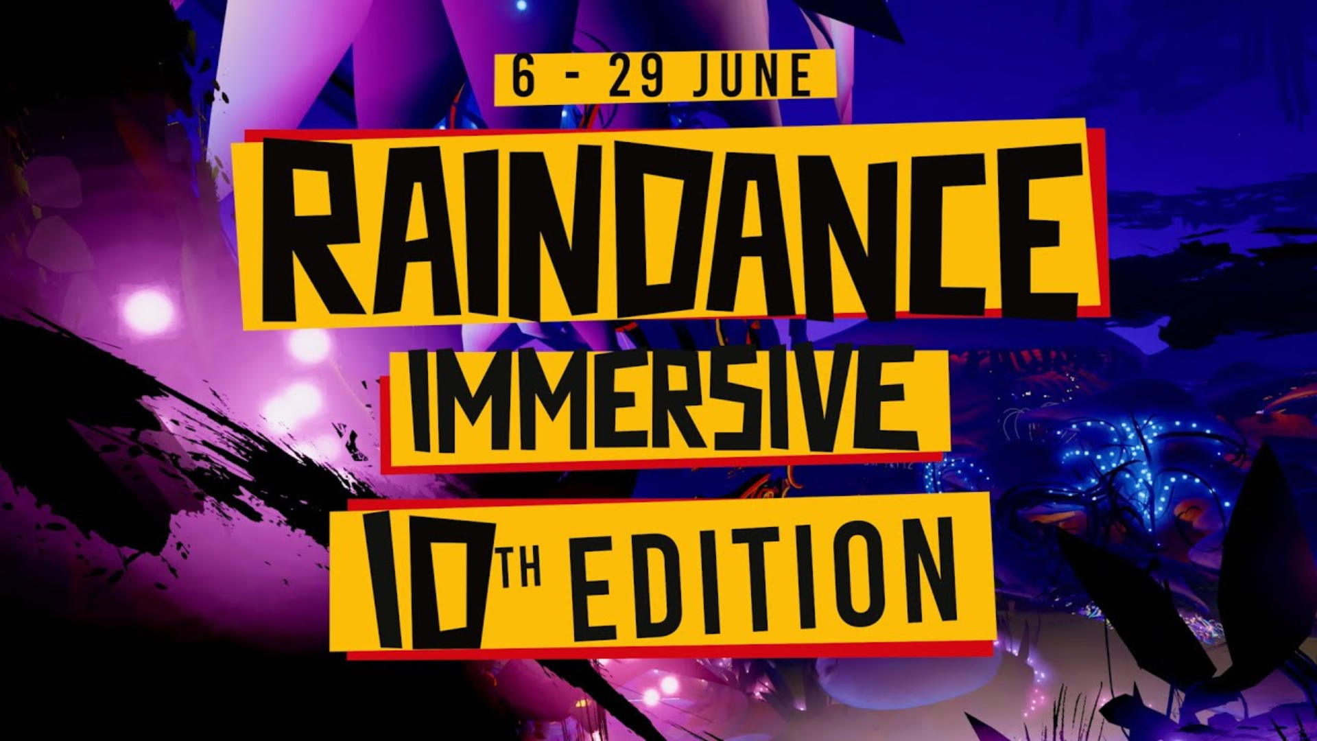 Promotional graphic for Raindance Immersive 10th Edition with abstract background and bold text.