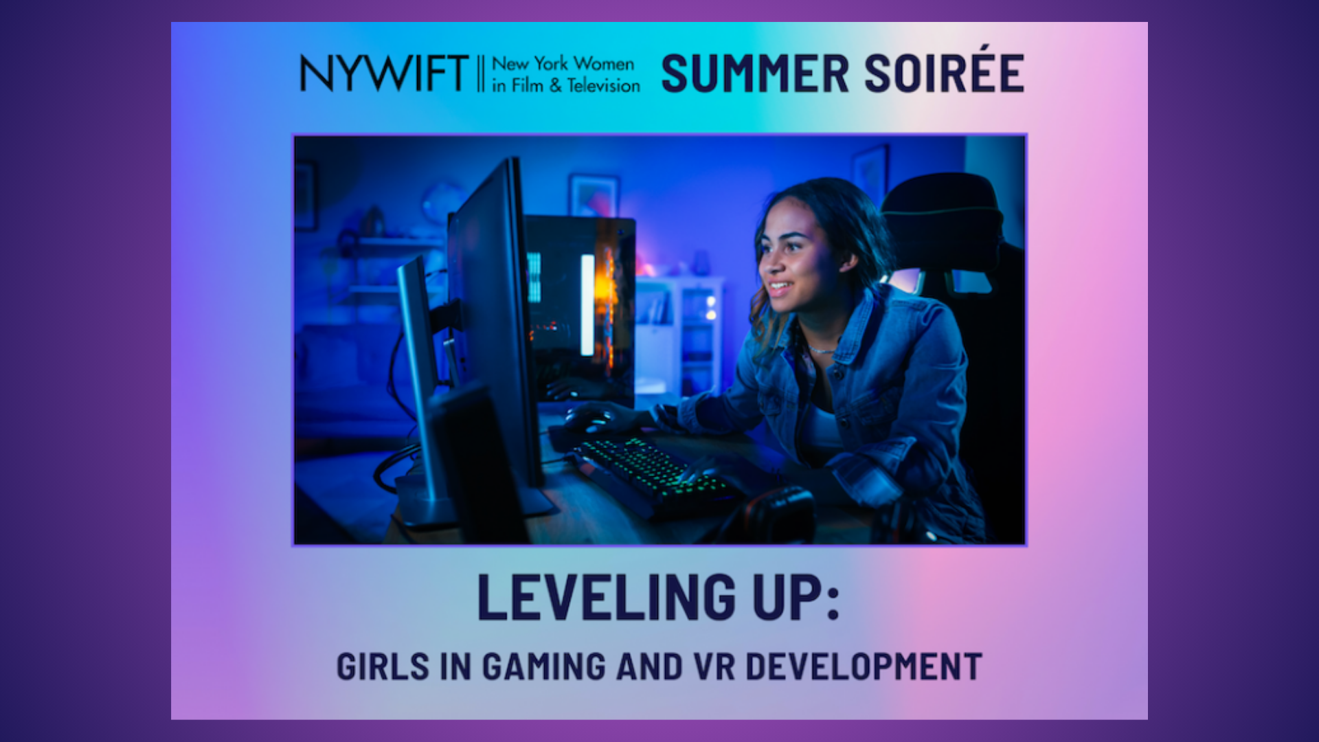 A young woman engaged with a computer, surrounded by gaming equipment, in a blue-lit room.