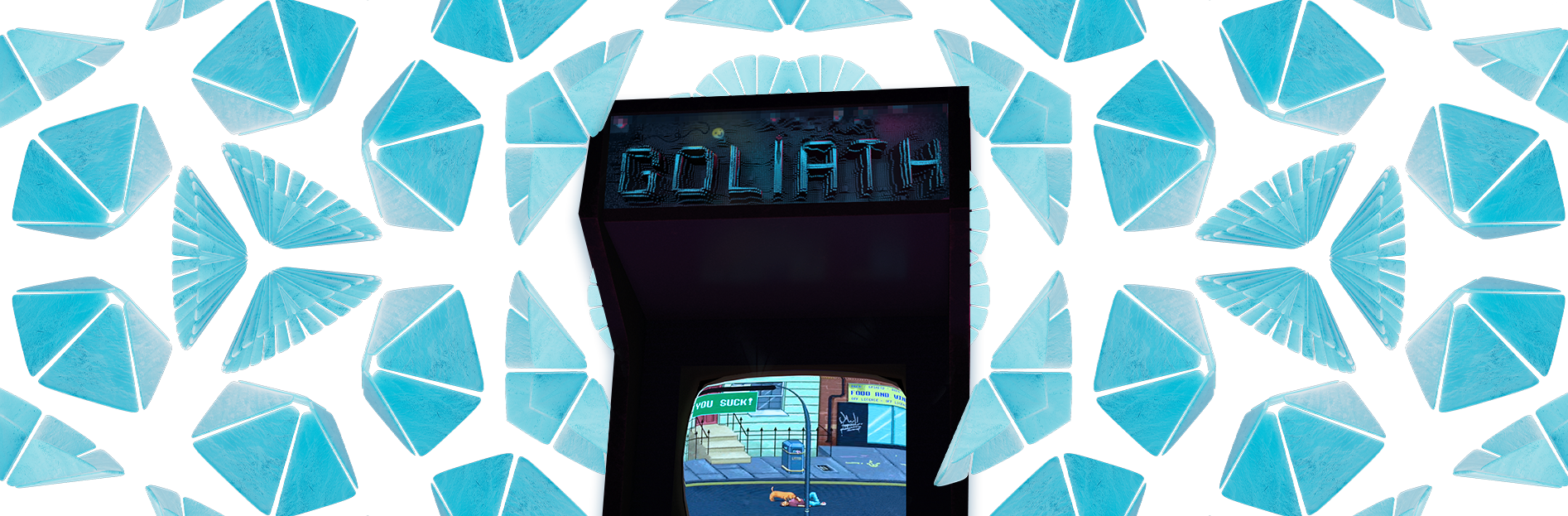 Goliath arcade game sits against a kaleidoscopic backdrop of geometric flowers. 