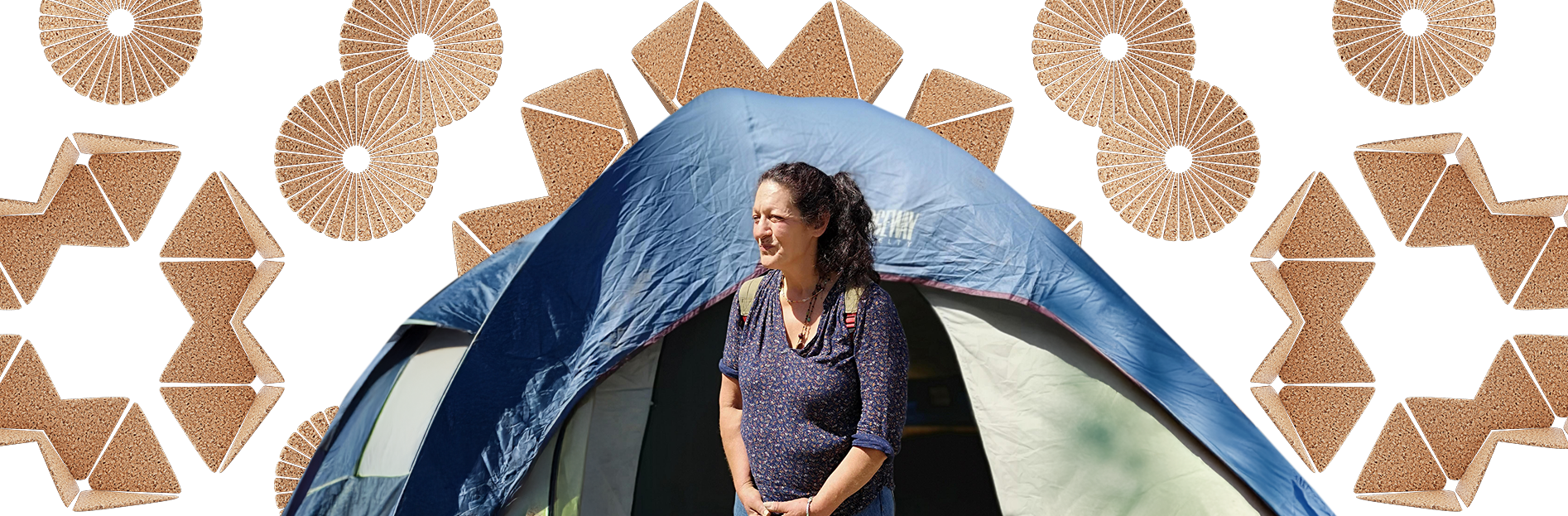 Rockey stands in front of her tent.