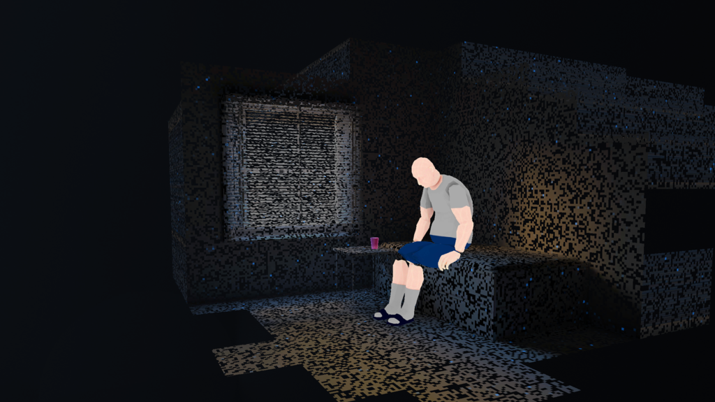 VR rendering of Goliath sits in a dark room. 