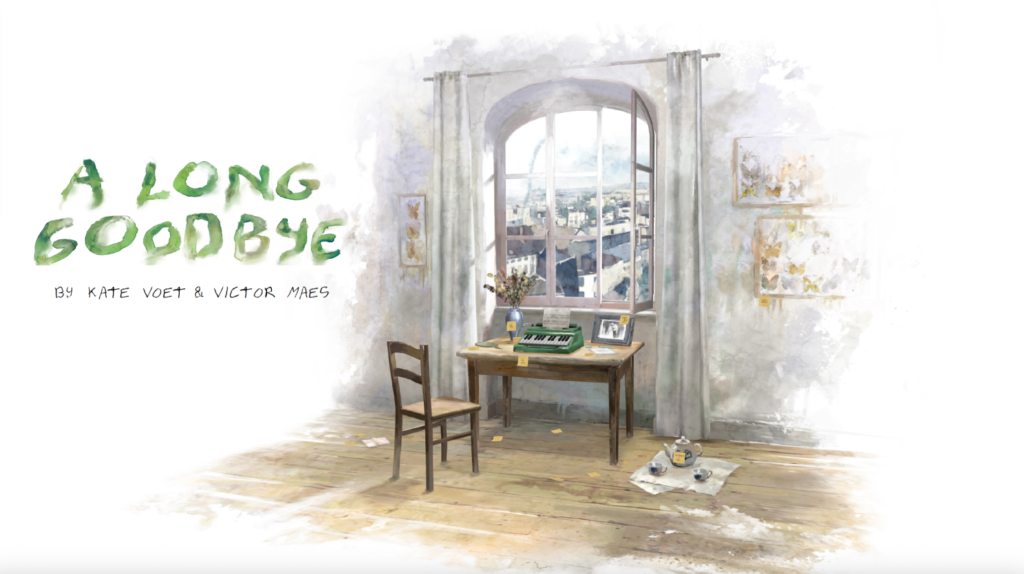 A Long Goodbye illustration with table and chair and window