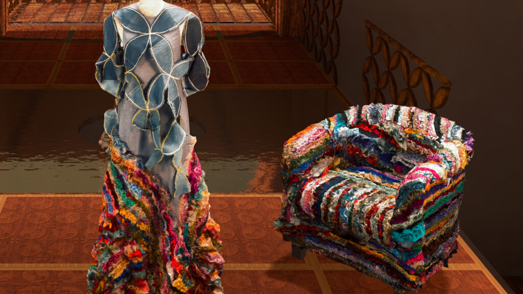 Virtual doubles of a colorful ruffled cloth outfit and chair.