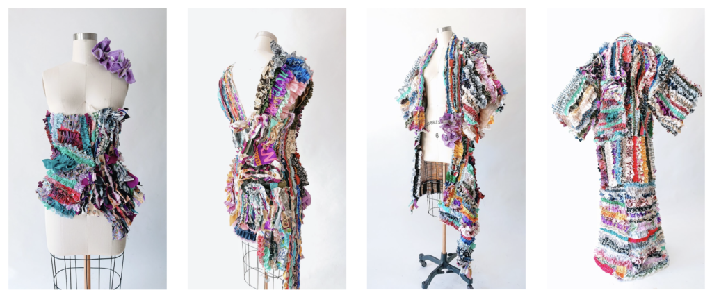 Four iterations of gathered cloths garments are shown side-by-side, including a corset, a mini dress, a jacket, and a full length kimono inspired coat.