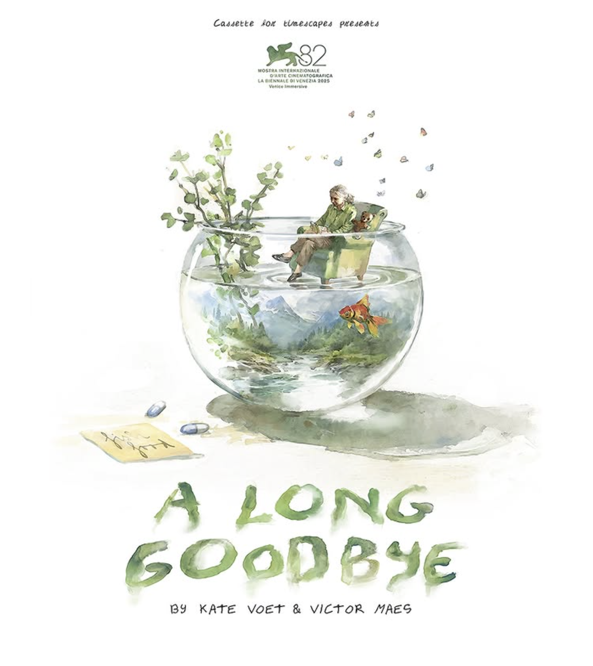 A whimsical watercolor-style illustration of a woman sitting in a recliner that floats in a goldfish bowl. A Long Goodbye.