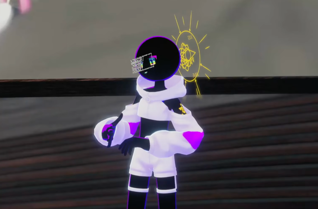 Jamie's black-lit avatar dons a white and magenta jump suit. 