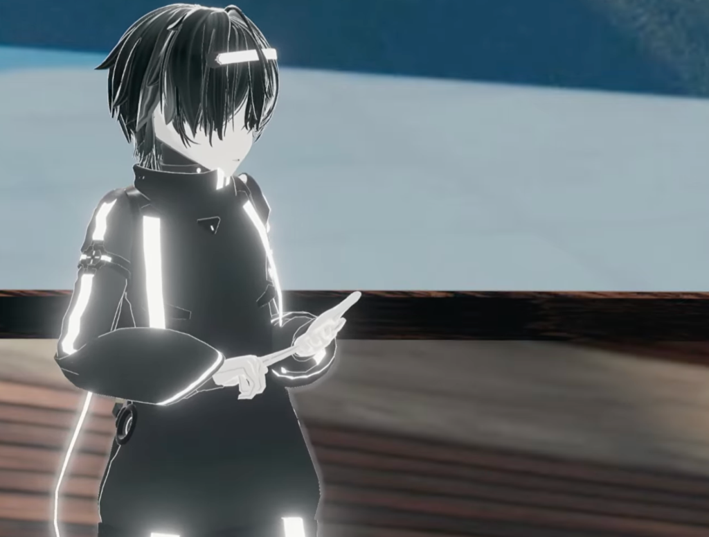 Scout's anime-style avatar sports short black hair and a black Adirondack with glowing accents.