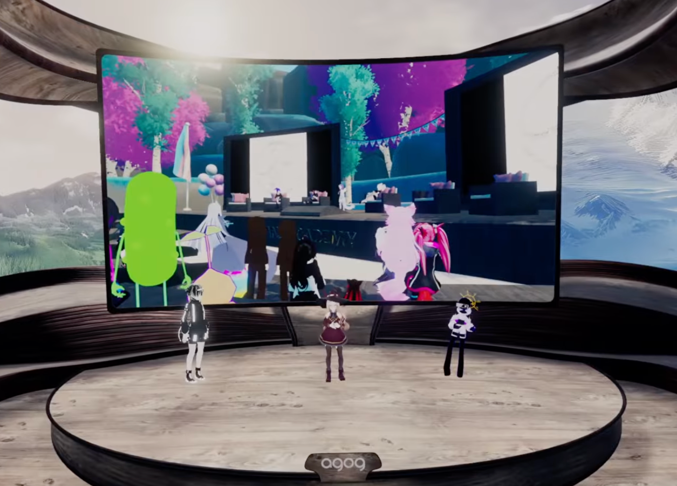 Tizzy, Scout, and Jaime stand on a stage in a VRChat world. A display behind them shows the Trans Academy learning space.