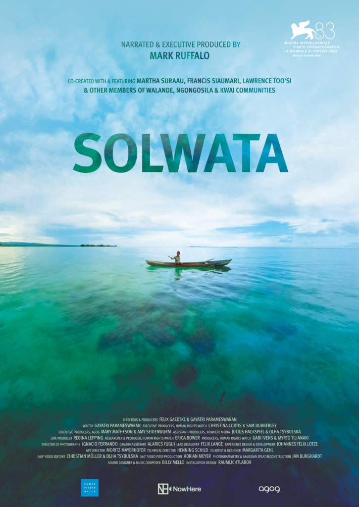 alt="Solwata film poster: a woman paddles a canoe on calm turquoise water, credits include narrator Mark Ruffalo, Venice Immersive 83 laurel top right"