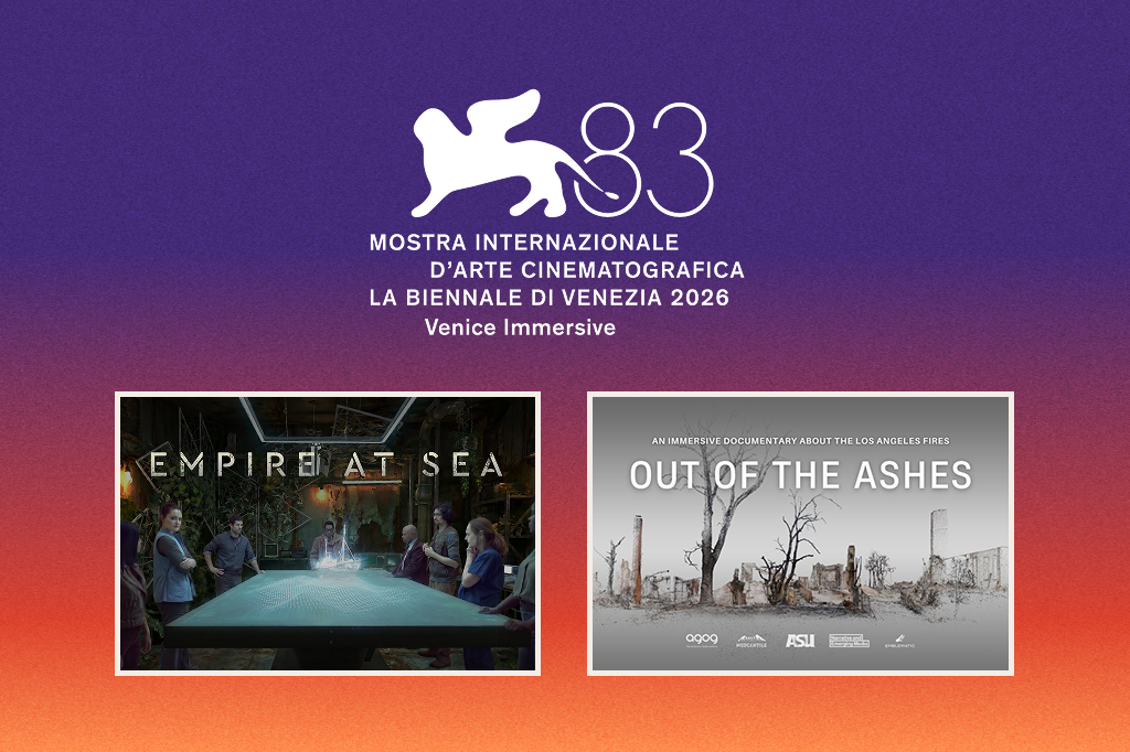 Venice Immersive 83 logo above thumbnails for 'Empire at Sea' and 'Out of the Ashes,' an immersive documentary about the LA fires