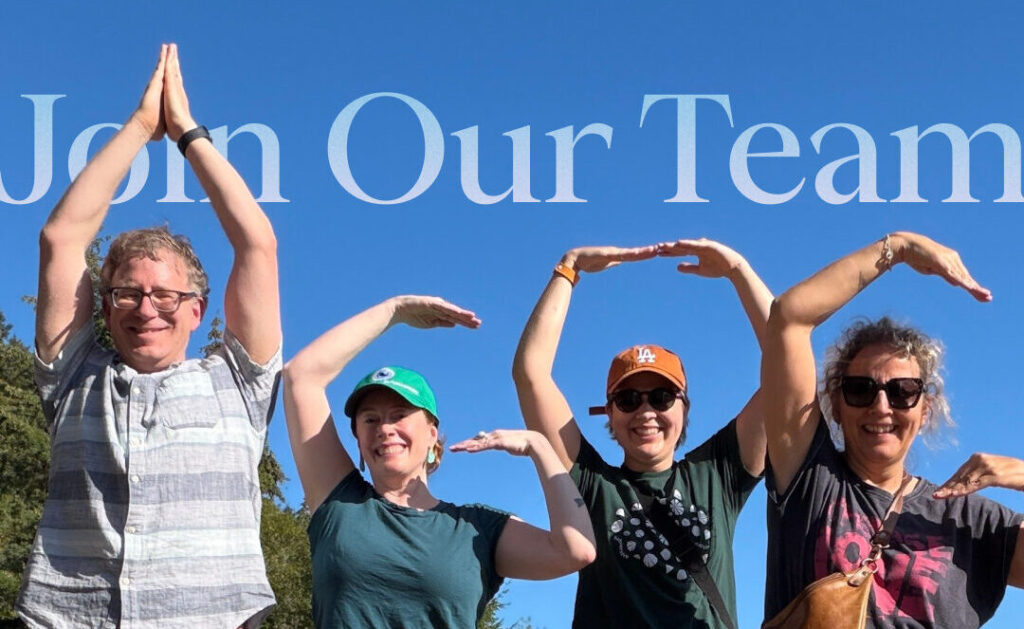 alt="'Join Our Team' over four people outdoors raising their arms overhead in a playful pose against a blue sky, agog logo below"