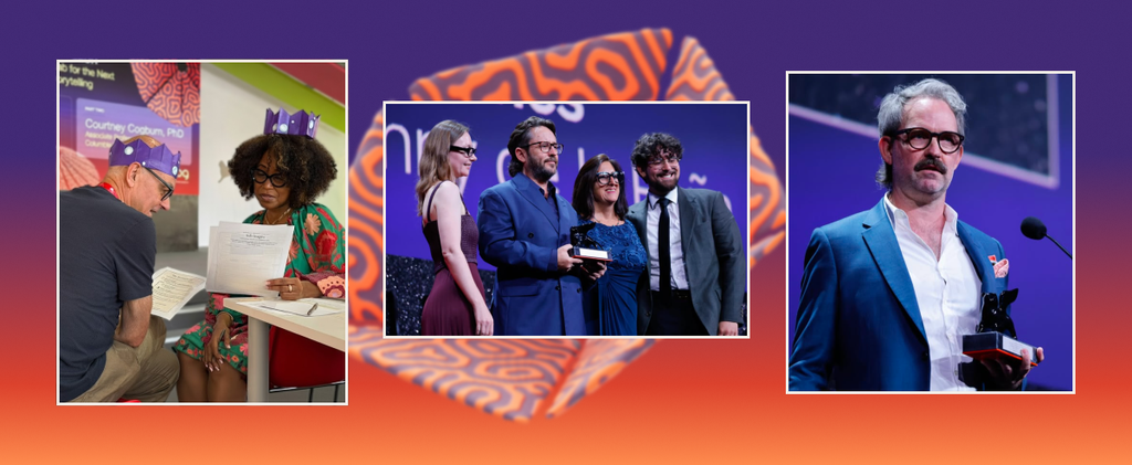 alt="Three photos: two people reading paperwork at an event booth; four people posed together on stage with an award; a man in glasses holding an award at a podium"
